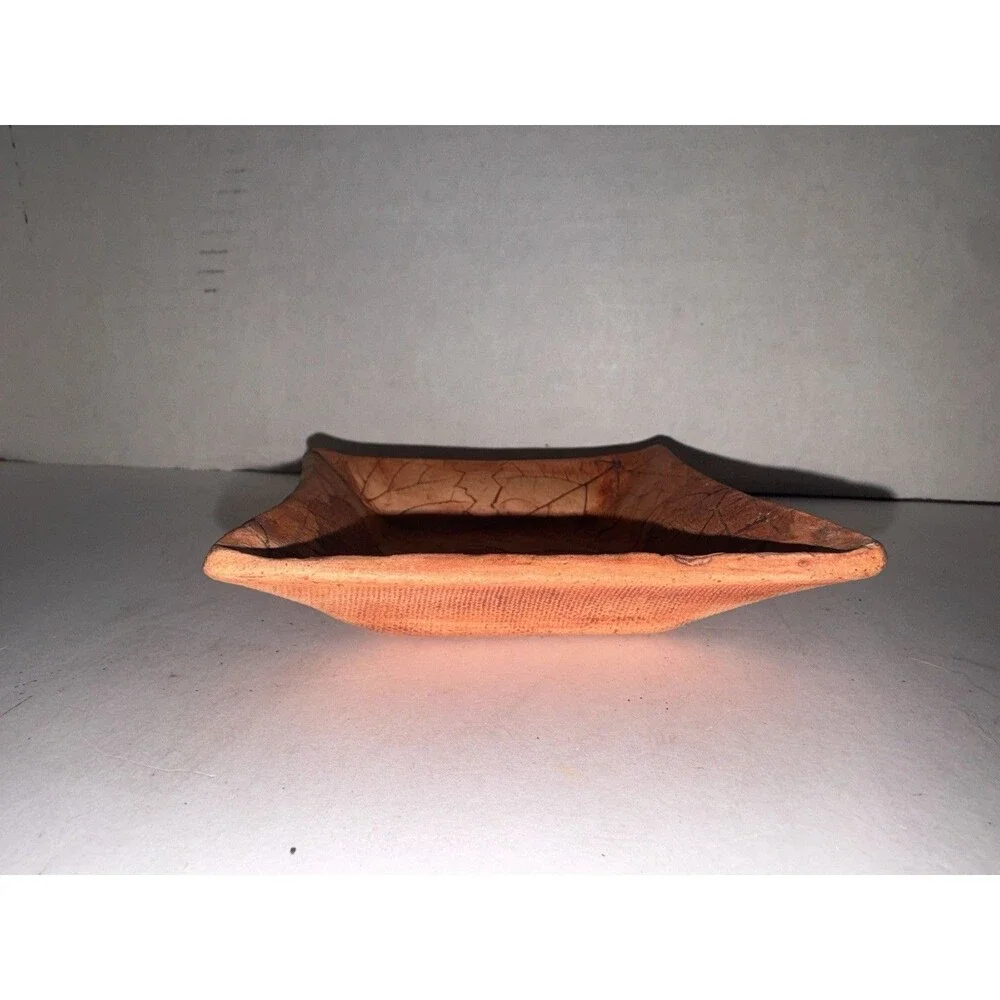 Signed Malabar Pottery Clay Stamped Leaves 5” Square Trinket Dish Plate Florida